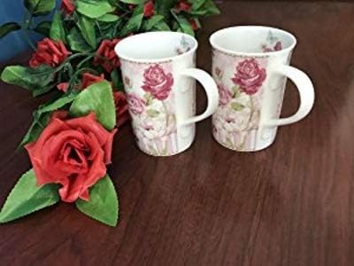 Lightahead Elegent Bone China 2 Coffee Tea Mugs set floral Design in attractive gift box 11 oz each