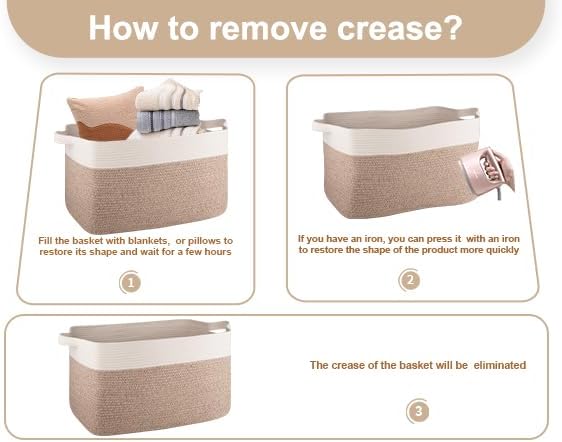 OIAHOMY 65L Blanket Basket, Cotton Rope Woven Blanket storage for Living Room, Rectangle Woven Baskets for Storage, 20''×16''×12'', Brown and White