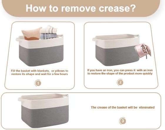 OIAHOMY 65L Blanket Basket, Cotton Rope Woven Blanket storage for Living Room, Rectangle Woven Baskets for Storage, 20''×16''×12'', Grey and White