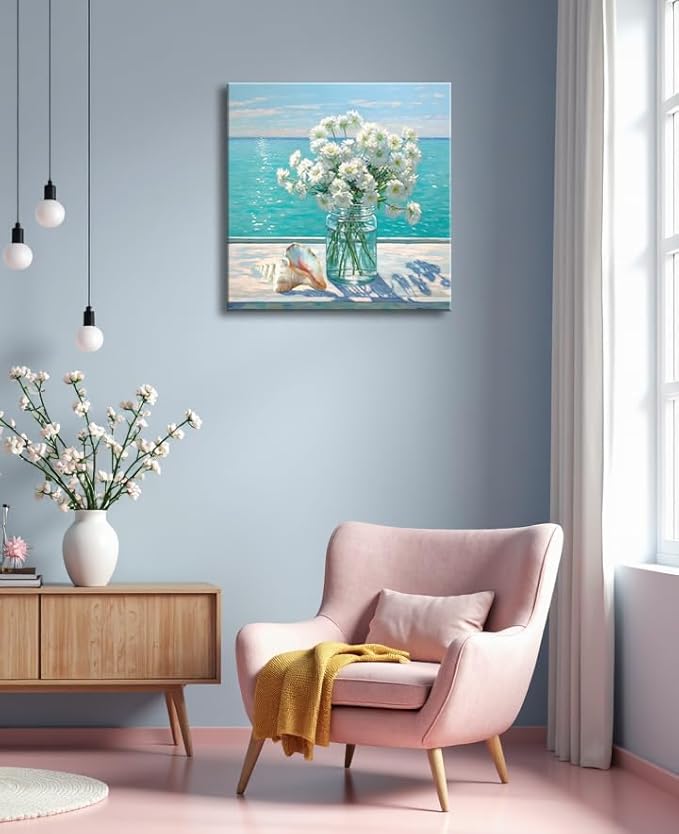 Bathroom Decor Ocean Daisy Flower Canvas Wall Art Coastal Nautical Seashell Seascape Framed Picture Ocean Theme Seascape Painting Artwork for Bedroom Home Decoration Square Blue 14x14"