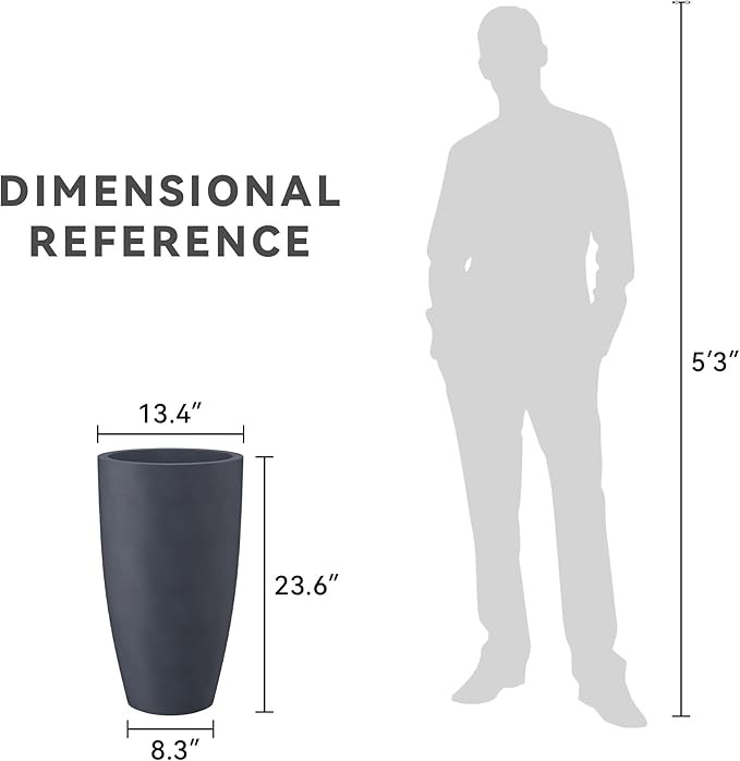 Kante 23.6" H Charcoal Concrete Tall Planters (Set of 2), Large Outdoor Indoor Decorative Plant Pots with Drainage Hole and Rubber Plug, Modern Style for Home and Garden