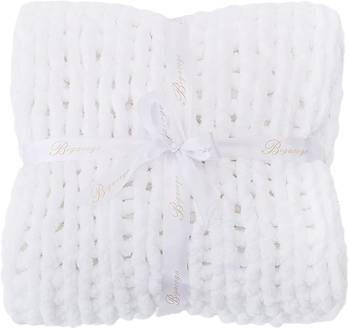 Bigacogo Chunky Knit Throw Blanket for Couch, 80x90 inches, 100% Hand Knitted with Thick Jumbo Chenille Yarn, Cozy Soft Large Rope Knot Cable Crochet Blankets for Sofa Bed Living Room, White