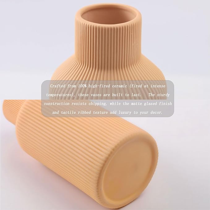 Ceramic Vase Set of 3, Vases Home Decor Modern Minimalist Decor Pottery Boho Vases for Pampas Grass Dried Fresh Flowers, Bookshelf, Shelf, Bedroom, Entryway Mantel Decor(Pink+Light Yellow+Orange)