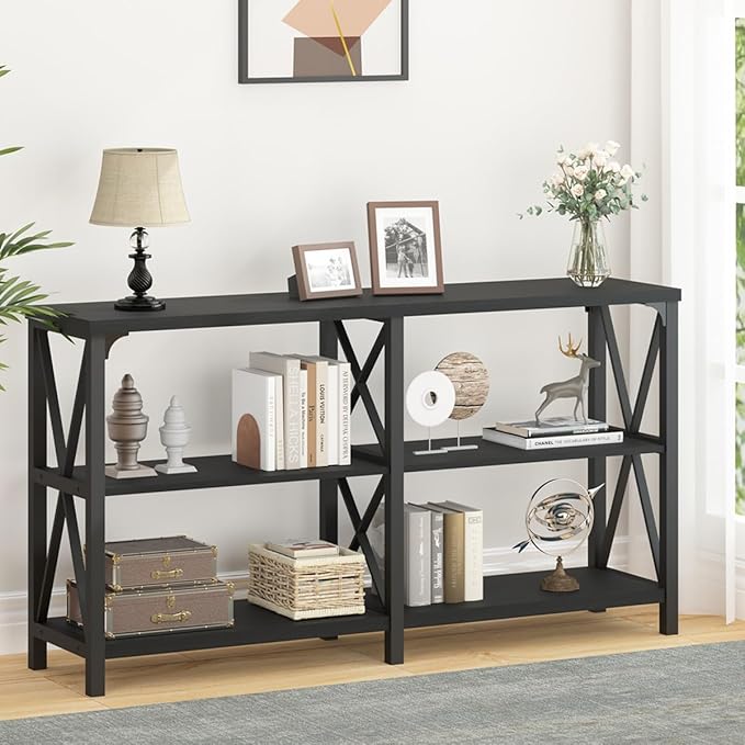 LVB Black Console Table, Modern Entryway Table with 3 Tier Storage Shelves, Industrial Sofa Table Behind Couch for Living Room, Farmhouse Wood Metal Entry Table for Hallway Foyer, Black Oak, 55 Inch