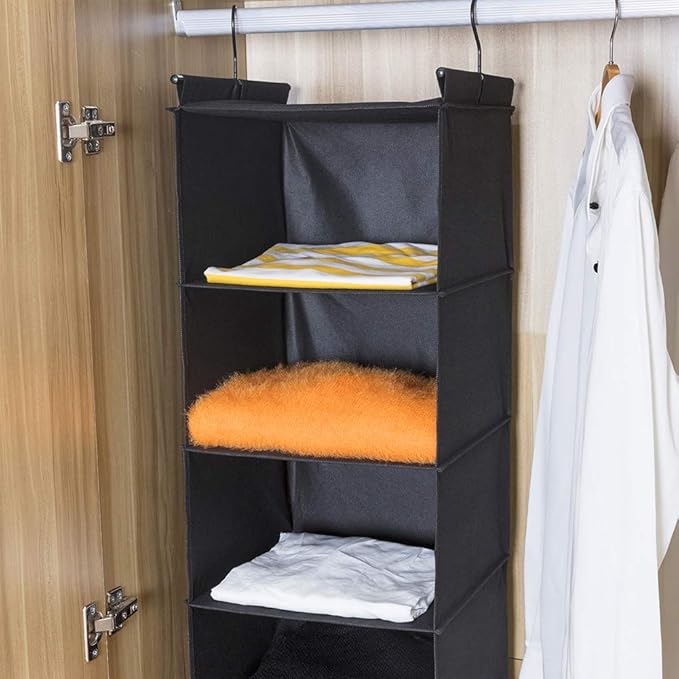 MAX Houser 6 Tier Shelf Hanging Closet Organizer, Closet Hanging Shelf with 2 Sturdy Hooks for Storage, Foldable (Black)