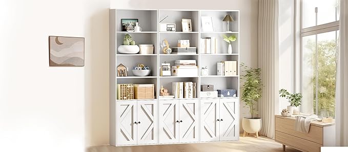 Tall White Bookcase with Doors – Wooden Bookshelf with Storage Cabinet & Shelves for Living Room, Bedroom, or Office