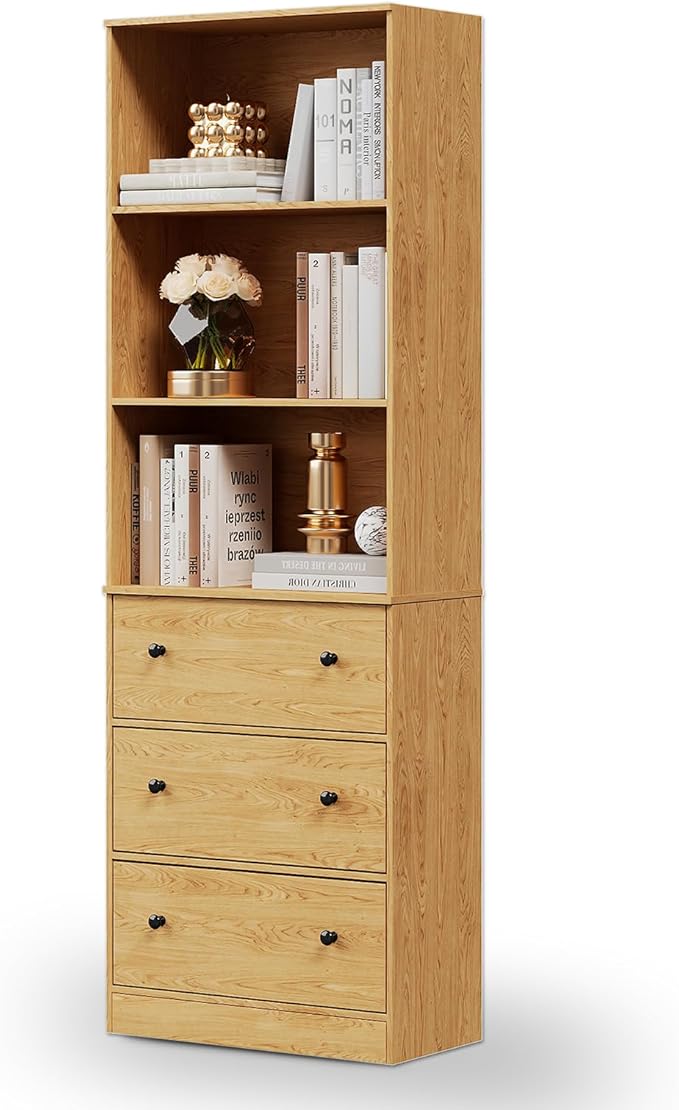 71" Tall Bookshelf with Storage, Bookcase with Drawers, Farmhouse Wooden Corner Book Shelves, Mid Century Modern Book Shelf Wall Standing Home Decor Furniture for Living Room, Bedroom, Office, Kitchen