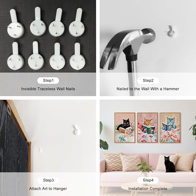 HPNIUB Framed Vintage Black Cats Canvas Wall Art, Funny Animal Reading Books Poster Printing Pictures, Pink Cute Cat Lovers Wall Decor for Girls Room Bedroom Kids Room Living Room Classroom- 16 x24 x3