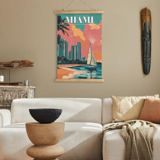 WREVERW Vintage Miami Poster Canvas Print with Wooden Hanger Frame, Featuring Palm Trees, High-Rise Buildings, and Sailboats, Wall Art for Home and Office Decor, 16x23 inches