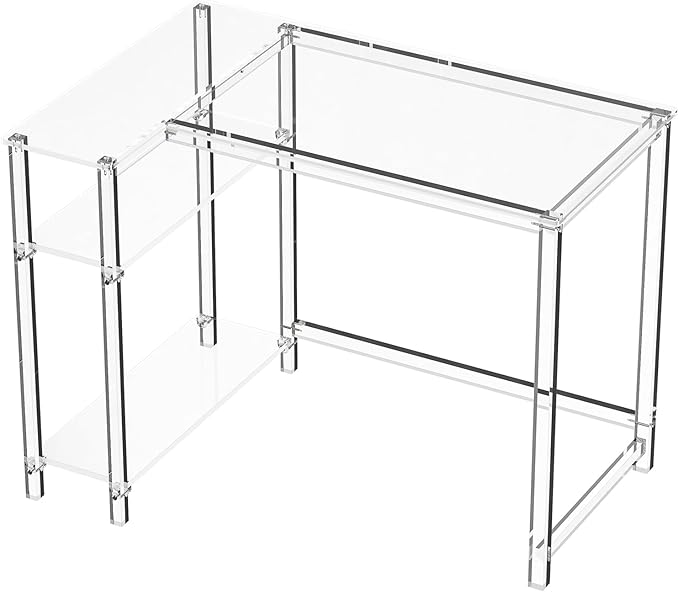 Eglaf Acrylic L-Shaped Desk - Clear Desk with Reversible Storage Shelves - Modern Home Office Desk Corner Desk for Study, Writing, Rectangular Legs, Easy Assembly, 39.4" L x 27''W x 29.5" H