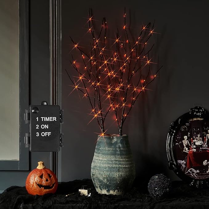 LITBLOOM Halloween Tree Branch Lights 32IN 100 Orange LED with Timer, Lighted Black Twig Branches with Fairy Lights for Halloween Decoration Indoor Outdoor
