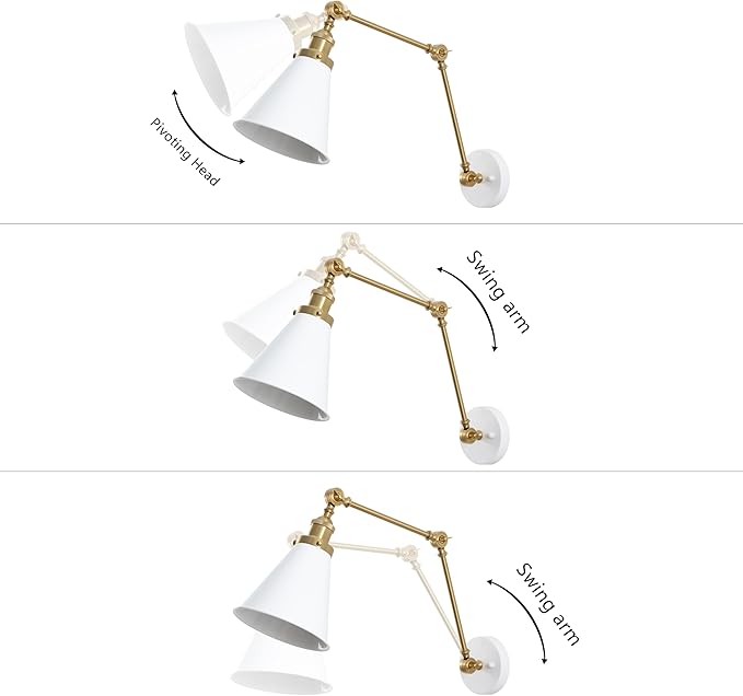 JONATHAN Y JYL7462B Rover 7" Classic Industrial Metal Adjustable Arm LED Wall Sconce, White/Brass Gold for Bedroom, Bathroom, Vanity