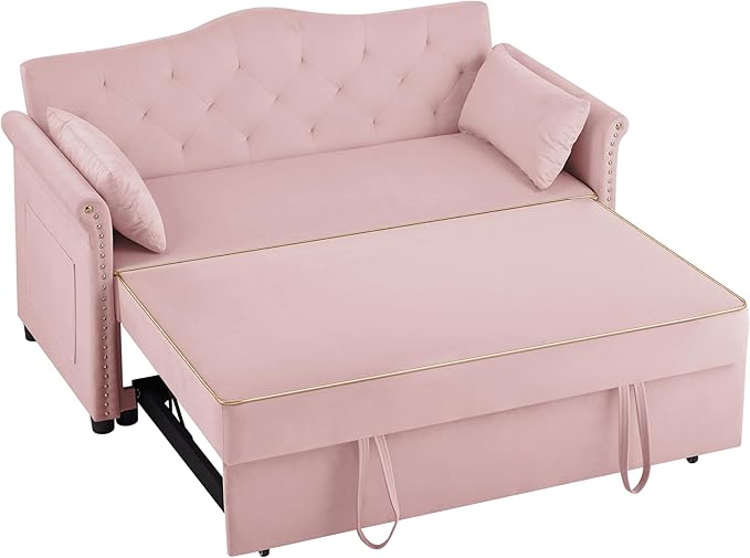 57" Velvet Pull-Out Sofa Bed, 3-in-1 Convertible Loveseat with Gold Trim Strips and Adjustable Backrest, Perfect for Living Rooms, Offices and Apartments (Pink)