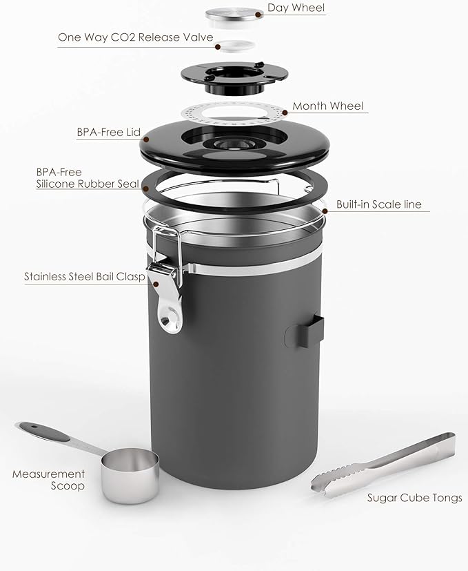 HAIOOU Airtight Coffee Canister, 22OZ Large Stainless Steel Coffee Bean Storage Container with Date Tracker, Measuring Scoop, CO2 Releasing Valves and Mini Tongs for Beans, Grounds and more - Gray