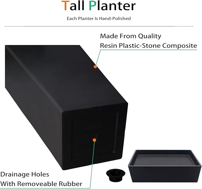 Tall Planters for Outdoor Plants, Large Resin Flower Pots with Saucers for Garden, Front Porch, Patio, Indoor - Set of 2 (Black, 30 inch - 2 Pack)