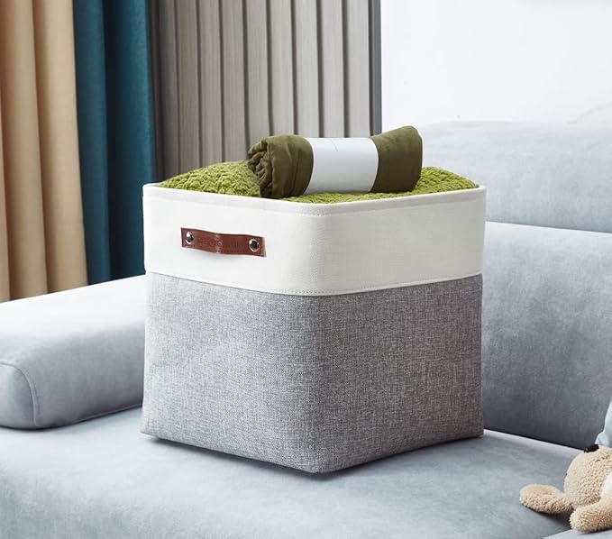 DECOMOMO 13 Inch Cube Storage Bins, Fabric Storage Cube, Basket for Kallax Shelves (Grey & White, 4 Pack)
