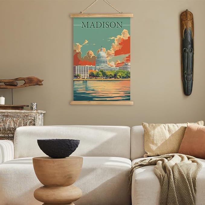WREVERW Vintage Madison Poster Canvas Print with Wooden Hanger Frame, Featuring the Iconic Wisconsin State Capitol and Lakeside View, Wall Art for Home and Office Decor, 16x23 inches