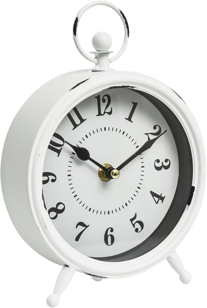 Small white table clock Vintage Rustic White Table Clock on Stand, Decorative Desk and Shelf Clock Farmhouse Mantel Clock Rustic Non-Ticking Clock