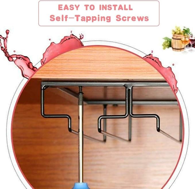 Wine Glass Rack - Under Cabinet Stemware Wine Glass Holder Glasses Storage Hanger 2 Pack Metal Organizer for Bar Kitchen 4 Rows Gold