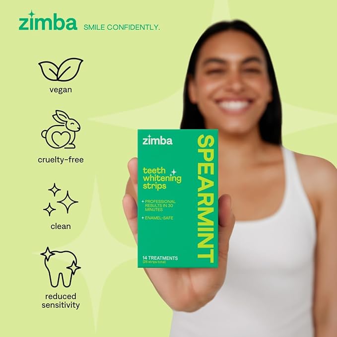 Zimba Teeth Whitening Strips for Teeth Sensitive, White Strips for Teeth Whitening, Teeth Whitener Stain Remover 28 White Strips Included Per Pack, 2 Pack (14 Day Treatment), Spearmint and Watermelon