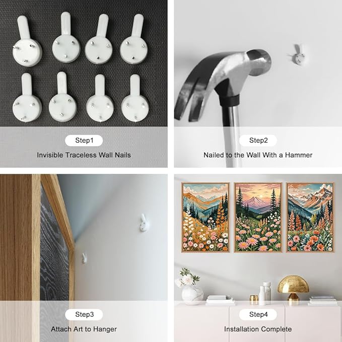 HPINUB Mountain Sunset Floral Framed Canvas Wall Art Set,Colorful Wildflower Daisy Flower Wall Decor,Boho Blossom Botanical Artwork Modern Nature Landscape Art Print for Living Room,Bedroom-16 x24 x3