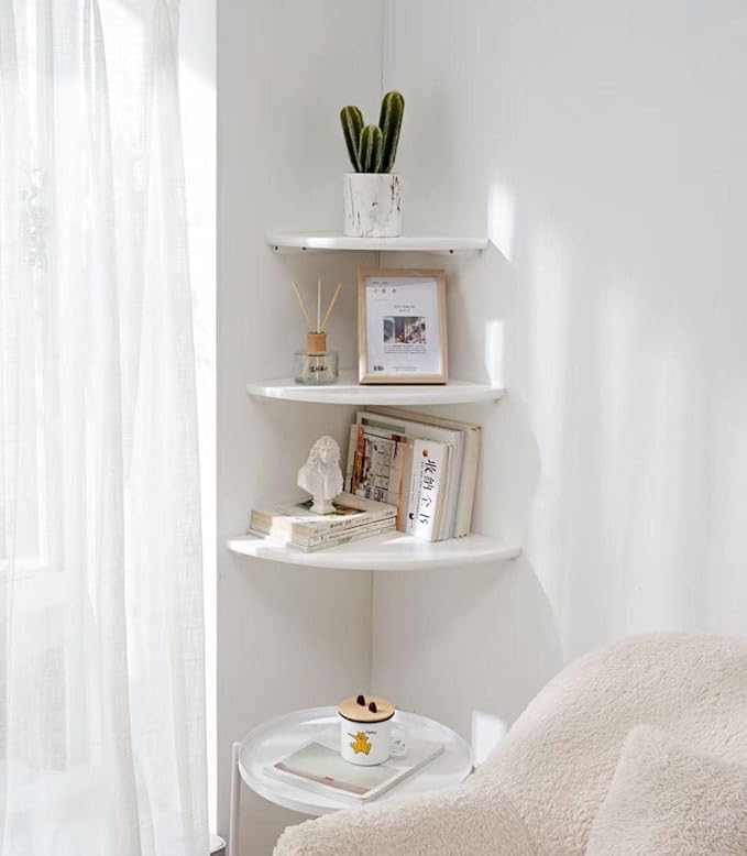 Corner Shelf, White Solid Oak Wood Floating Corner Shelves Wall Mount Round End Floating Speaker Rack Display Shelf for Small Plant Photo Frame (White, 7in)