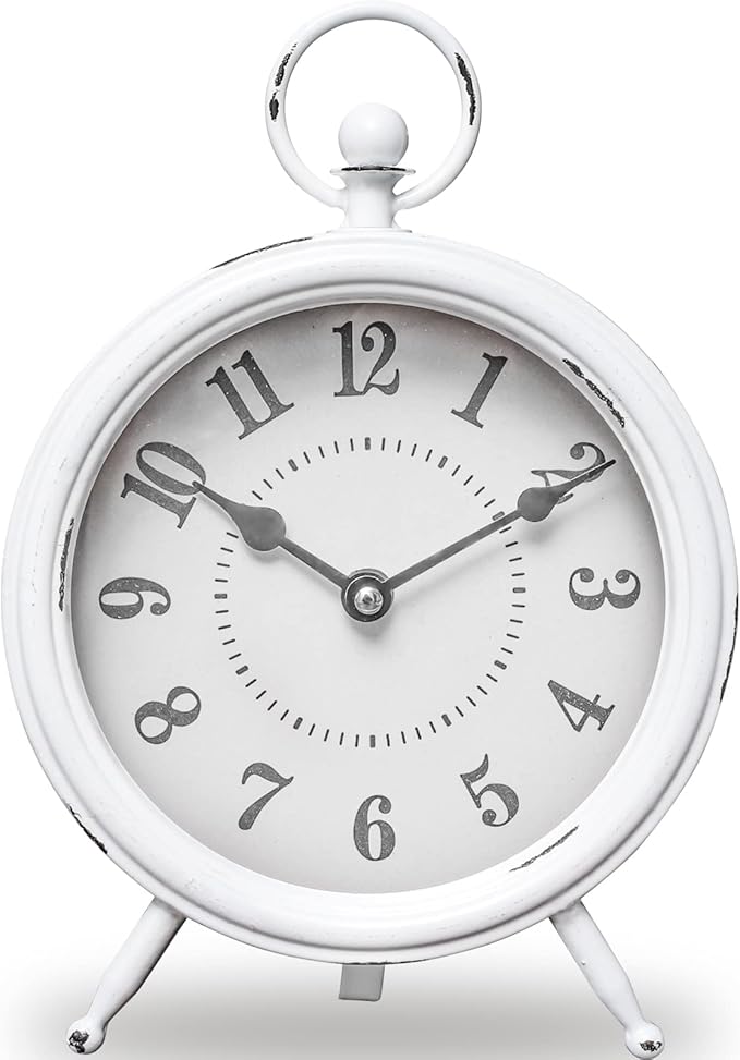Vintage Rustic White Table Clock on Stand, Decorative Desk & Shelf Clock, Rustic Mantel Farmhouse Non-Ticking