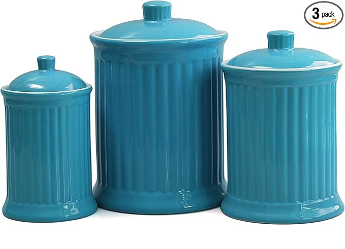 Omniware Simsbury 3-Piece Canister Set - Ceramic Storage Jars with Airtight Lids, Lead-Free Glaze, Dishwasher Safe - Vintage-Inspired Kitchen Containers for Flour, Sugar, Coffee (Turquoise)