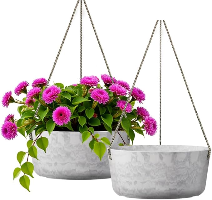 10.7 Inch Hanging Planter for Outdoor Indoor Plants,2 Pack Hanging Flower Pots with Drain Holes for Garden Home Decor Use (Marble)