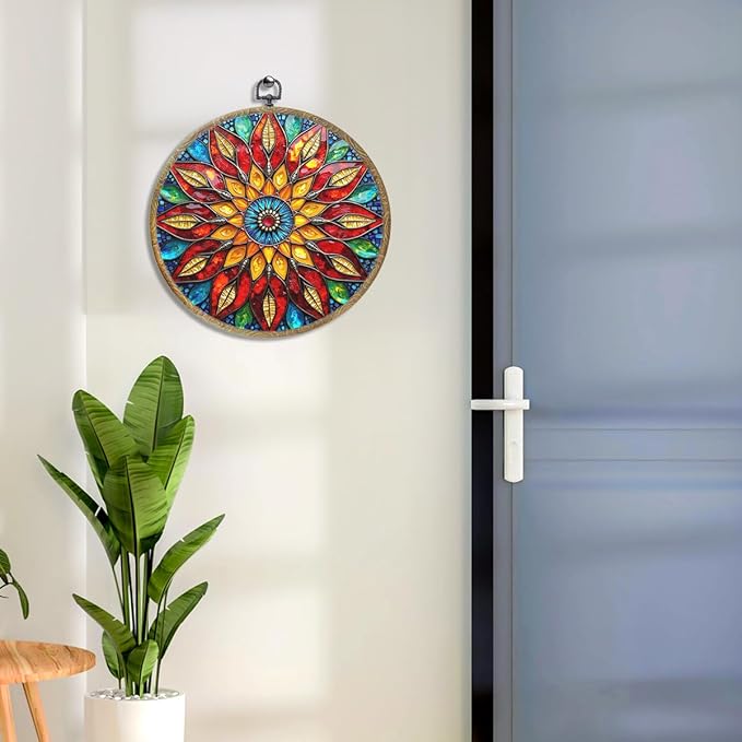 Colorful Geometric Mandala Framed Round Wall Decor Canvas Wall Art Hanging Prints Artwork for Home Office Kitchen Nursery Bedroom Living Room Porch Garden Birthday Decorations 10.2X10.2 Inch