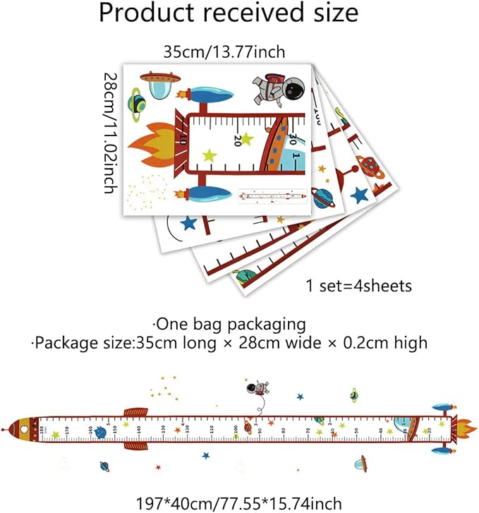 Rocket Self-adheve Vinyl Nursery Wall Decal Baby Growth Chart Sticker for Bedroom Play Room Peel and Stick Kindergarten Height Measure Mural