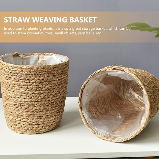 Home Decor Woven Straw Flower Pot Seagrass Planters Basket Garden Plant Pot Containers Wicker Rattan Vase Sundries Organizer Storage Bins for Indoor Outdoor Plants Vintage Decor