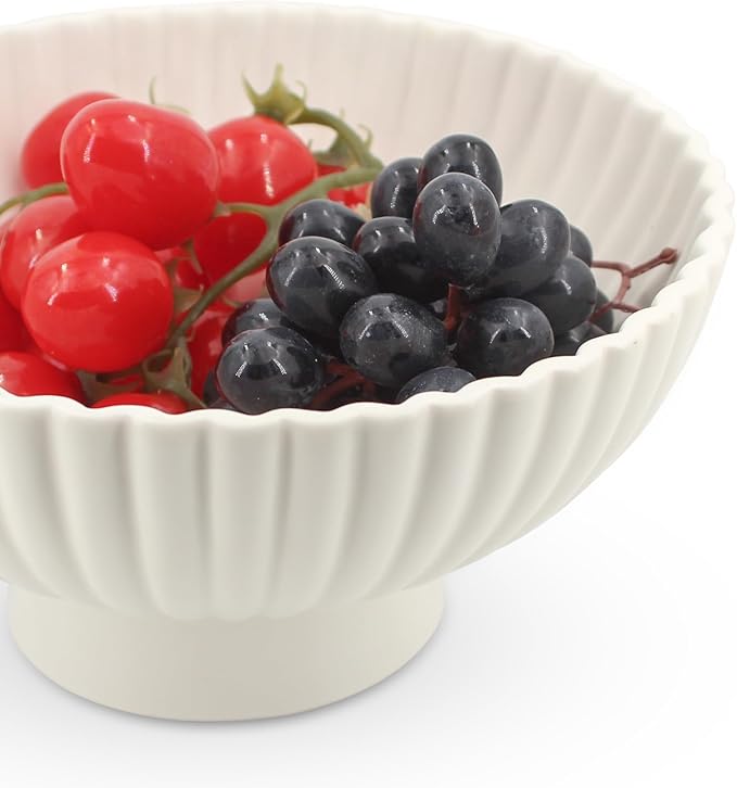 White Ceramic Fluted Decorative Bowl - 8 inch Fruit Footed Bowl for Kitchen Counter, Modern Key Pedestal Ruffle Bowl for Entryway Table & Home Organization-Fits Bread, Fruits, Salad or Popcorn