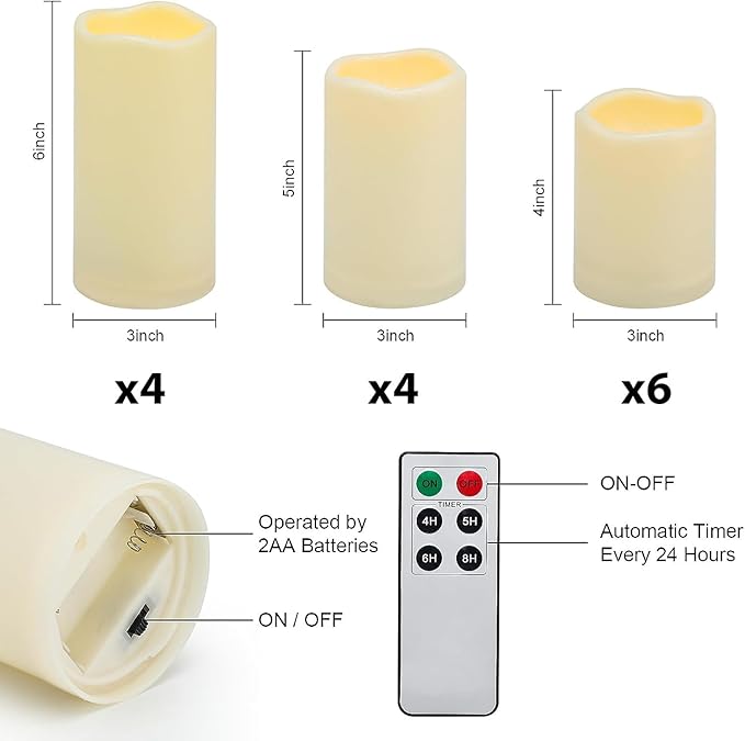 Aignis 14pcs Flameless LED Candles Battery Operated with Remote Timer, Outdoor Indoor Waterproof, Warm Glow for Cozy & Romantic Home/Wedding/Holiday Décor (D 3'' x H 4''/5''/6'')