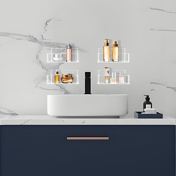 Acrylic Spice Rack Wall Mount-6 Inch, Clear Spice Shelf Storage Holder, 4 Pack Hanging Seasoning Rack Organizer for Cabinet Door, Cupboard or Wall Kitchen (Adhesive or Screw)