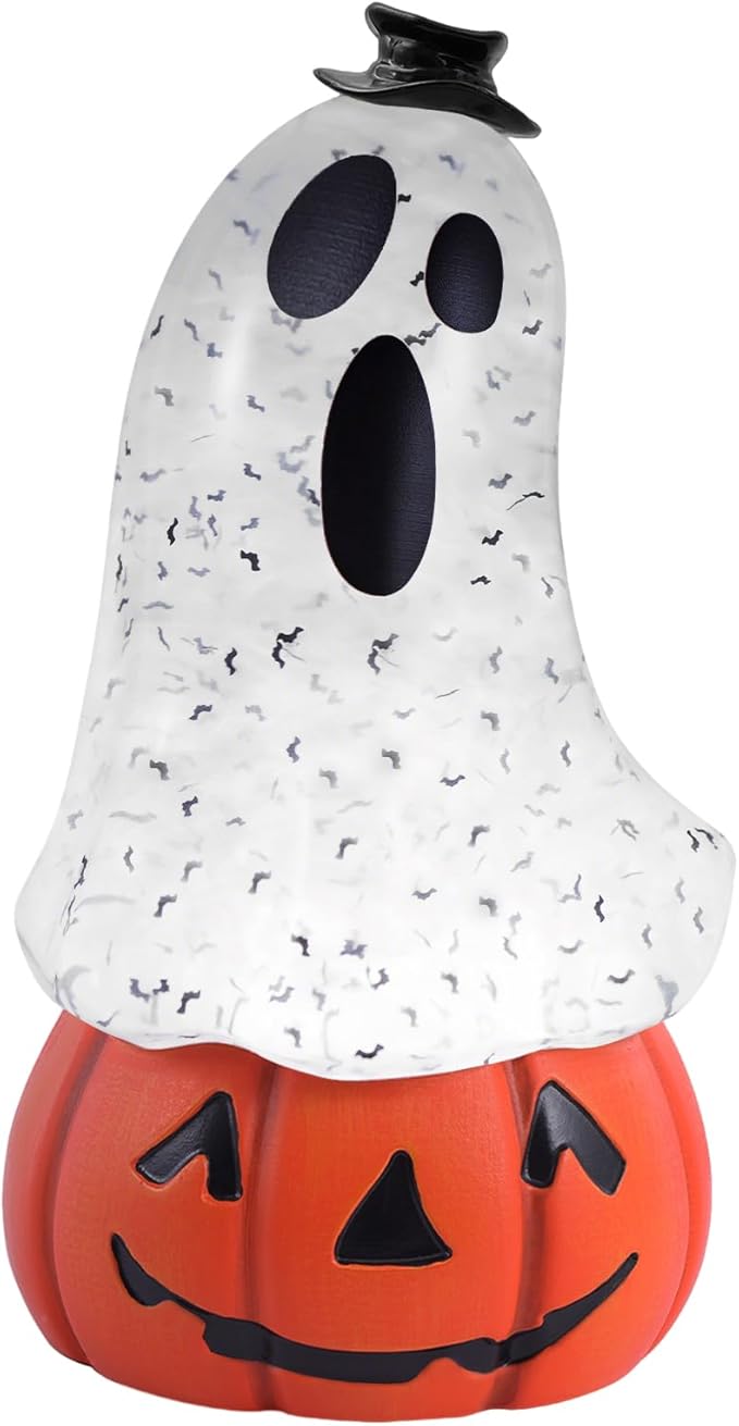 Halloween Snow Globe Lantern Spooky Glost and Pumpkin Halloween Snow Globes Musical Water Glitter Globe with 6H Timer Battery Operated or USB Powered for Spooky Home Decorations (Ghost and Pumpkin)