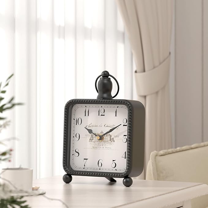 Vintage Black Table Clock on Stand, Desk and Shelf Decor Clock, French Rustic Style Non-Ticking Mantel Clocks for Farmhouse, Living Room, Bedroom, Bedside, Gift (8.5" H x 5.5" W)