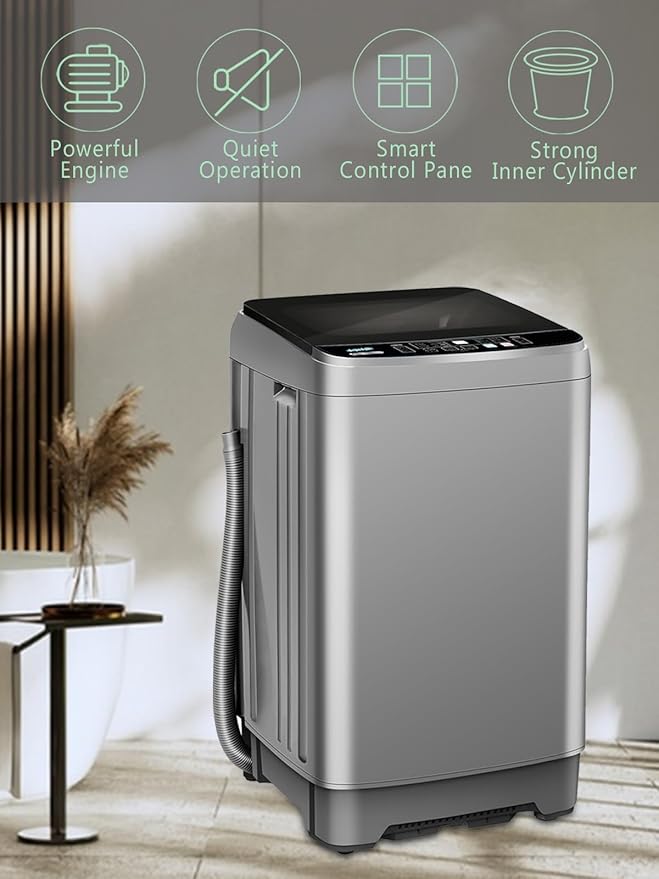 25 lbs Full Automatic Washing Machine with LED Display Compact Washing Machine with Drain Dump, 10 Wash Programs and 8 Water Levels Ideal for Dorms, Apartments, RV, Grey