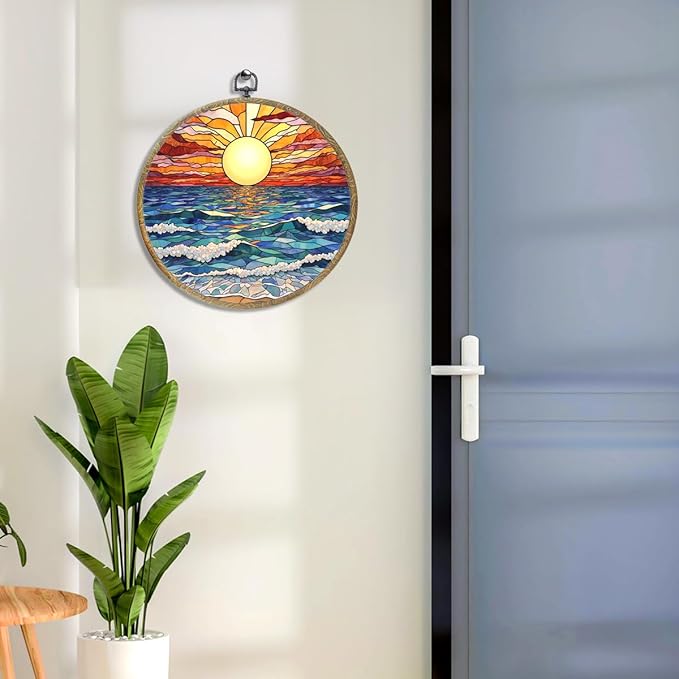 Colorful Boho Waves on The Beach Sunset Gifts for Sunset Lovers Framed Round Wall Decor Canvas Wall Art Hanging Prints Artwork for Home Nursery Bathroom Bedroom Living Room Decorations 10.2X10.2 Inch