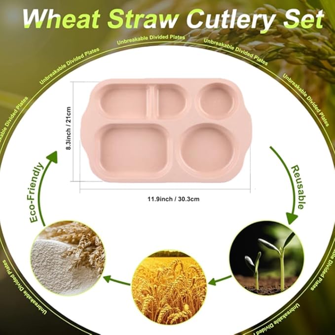 12 Inch Divided Plates4 PCS - Reusable Unbreakable Wheat Straw Plates, Dinnerware Lunch Tray Plates Tableware for Kitchen, Picky Eaters, Campers and Portion Control (Blush)