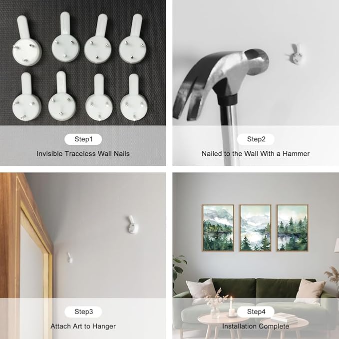 Celestdeco Watercolor Mountain Framed Canvas Wall Art Set, Boho Forest Wall Decor, Nature Green Pines Wall Painting, Forest Wilderness Artwork for Living Room, Bedroom, Dining Room, Office - 24"x36"x3