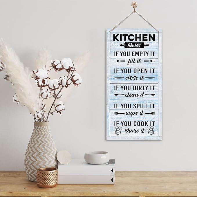 Hanging Kitchen Rules Wood Decor Sign, Rustic Kitchen Wooden Signs, Printed Wood Wall Art Sign, Kitchen Door Rules Rustic Sign, Hanging Wood Sign Kitchen Decor, Funny Farmhouse Kitchen Wall Décor D1