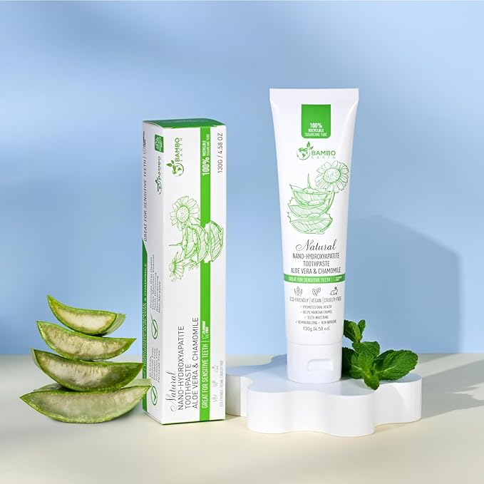 Natural Fluoride Free Toothpaste - Nano Hydroxyapatite, Remineralizing, Sensitive Teeth, Whitening & Zero Waste Tube - Dentist Recommended for Adult & Kids Oral Aloe Vera & Chamomile (Single, Aloe)