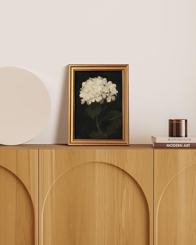 HUARCEY Gold Framed Vintage Wall Art for Living Room, Flowers Painting Canvas Prints Shelf Decor for Kitchen, Aesthetic Bedroom Wall Art, Christmas Gifts for Friends Family (White Hydrangea 12"x16")