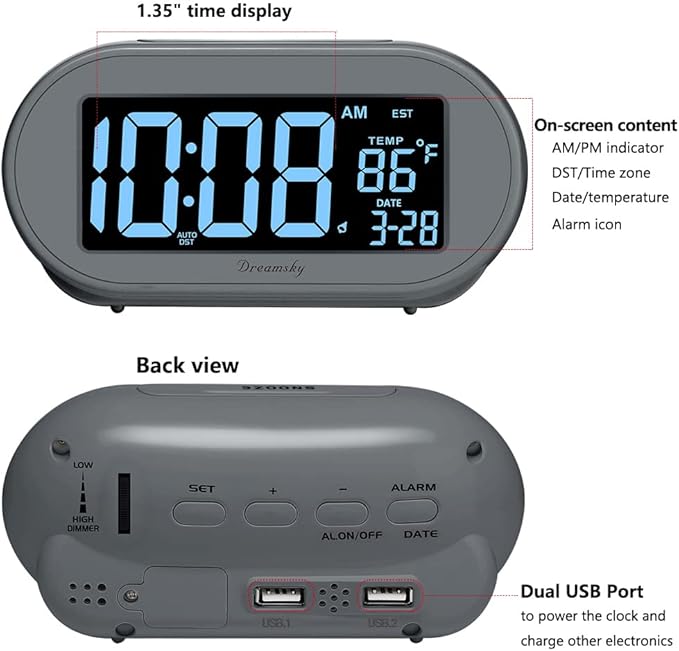 DreamSky Alarm Clocks for Bedrooms, Auto Set Digital Desk Clock for Bedside Nightstand, Electric Clock with Dimmable Brightness Dimmer, Auto DST, USB Port, Date, Temperature, Snooze