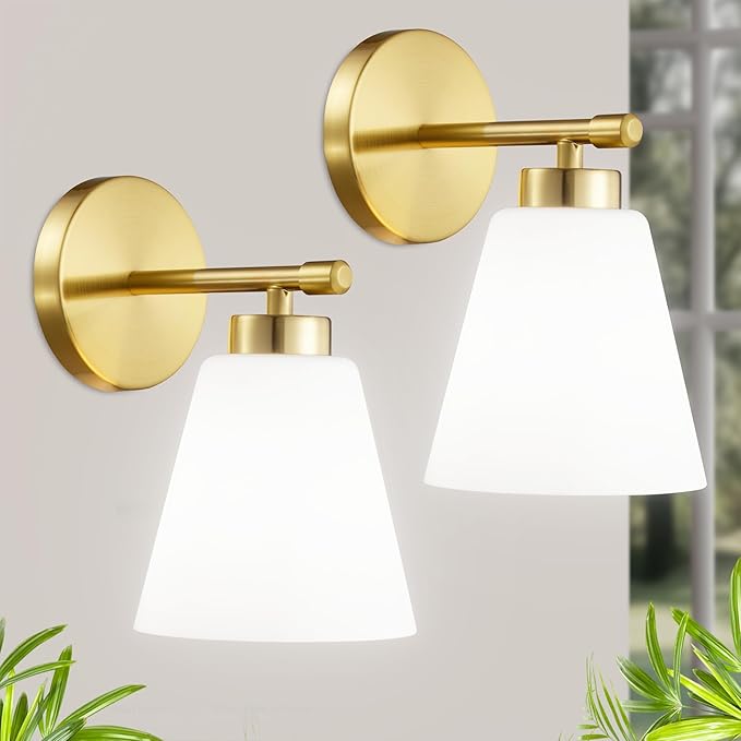 Hamilyeah Gold Sconces Wall Lighting Set of Two with Frosted Glass Shade, Industrial Bathroom Lighting Fixture with Milk Shade, Modern Brass Vanity Sconce Lighting for Bedroom, Living Room