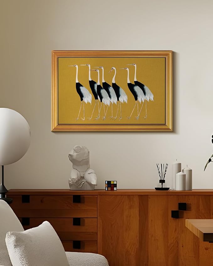 HUARCEY Gold Framed Vintage Wall Art for Living Room, Animals Painting Prints Large Decor for Kitchen, Aesthetic Bedroom Wall Art Decor, Christmas Gifts for Friends or Family (Seven Cranes 24"x36")