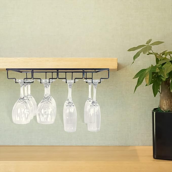 4 Rows Wine Glass Rack Under Cabinet Hanging Stemware Wine Glass Holder Under Shelf Wire Wine Glasses Racks Hanger for Bar, Kitchen (1, 4 Rows)