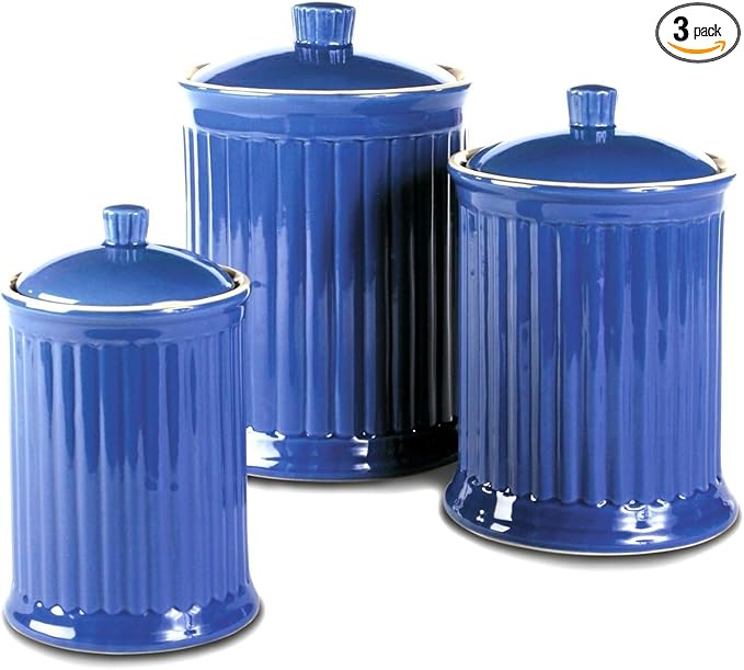 Omniware Simsbury 3-Piece Canister Set - Ceramic Storage Jars with Airtight Lids, Lead-Free Glaze, Dishwasher Safe - Vintage-Inspired Kitchen Containers for Flour, Sugar, Coffee (Simply Blue)