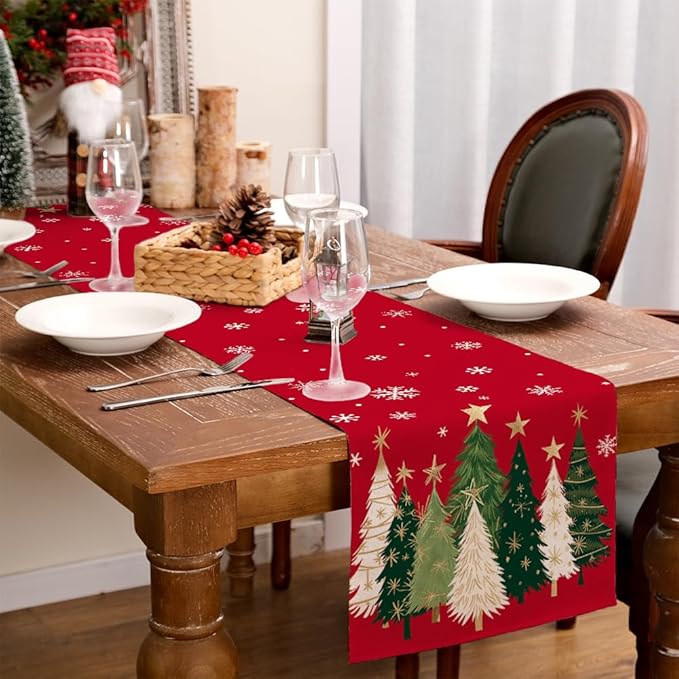 GEEORY Christmas Table Runner 13x72 Inch, Xmas Trees Snowflakes Winter Holiday Decorative Farmhouse Table Decorations for Kitchen Dinning, Indoor Outdoor Dinner Party Decor (Red) GT150-72